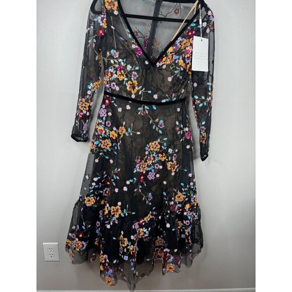 Mac Duggal 67499 Floral Lace & Sequin Long Sleeve Tulle Tea Length Dress 6 NWT - Picture 3 of 5